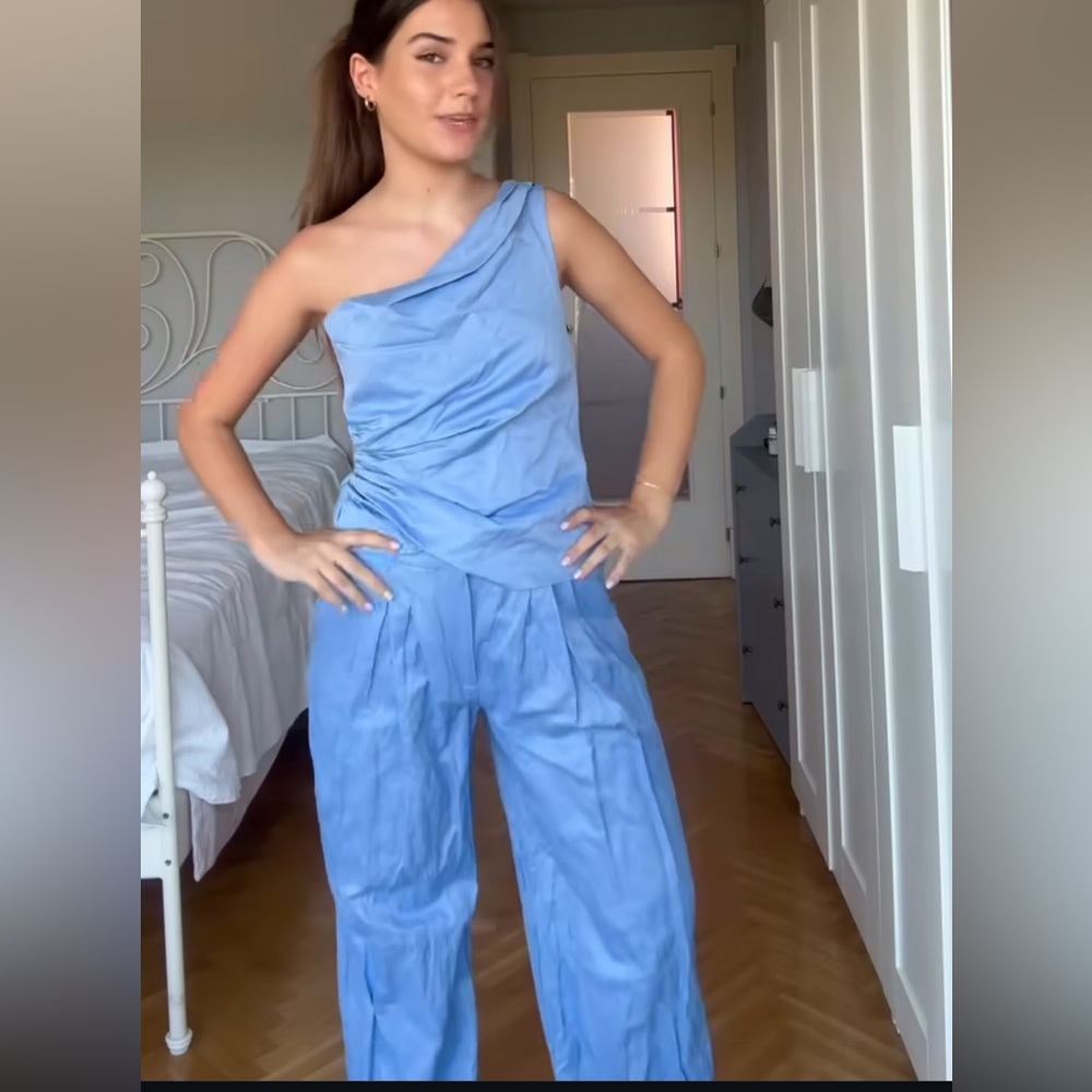 Zara Light Blue One-Shoulder Top and Wide-Leg Pants Set - Picture 7 of 16